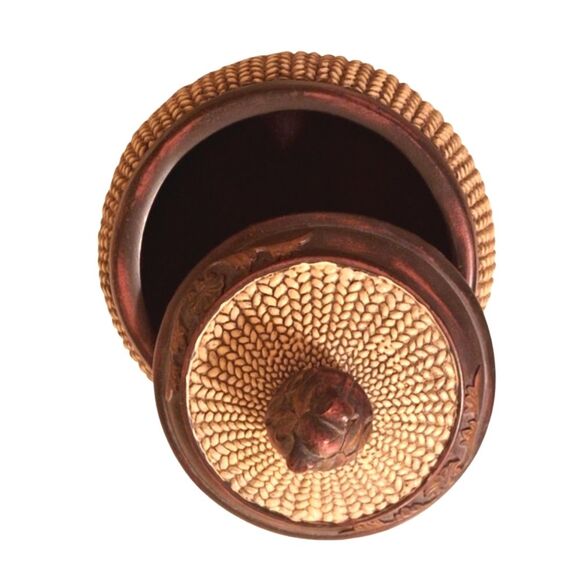 Ornate Lidded Jar Pedestal Spherical Finial Heavy Carved Woven Resin Urn Decor - Picture 6 of 16